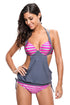 2pcs Solid Grey Splice Striped Halter Tankini Swimsuit